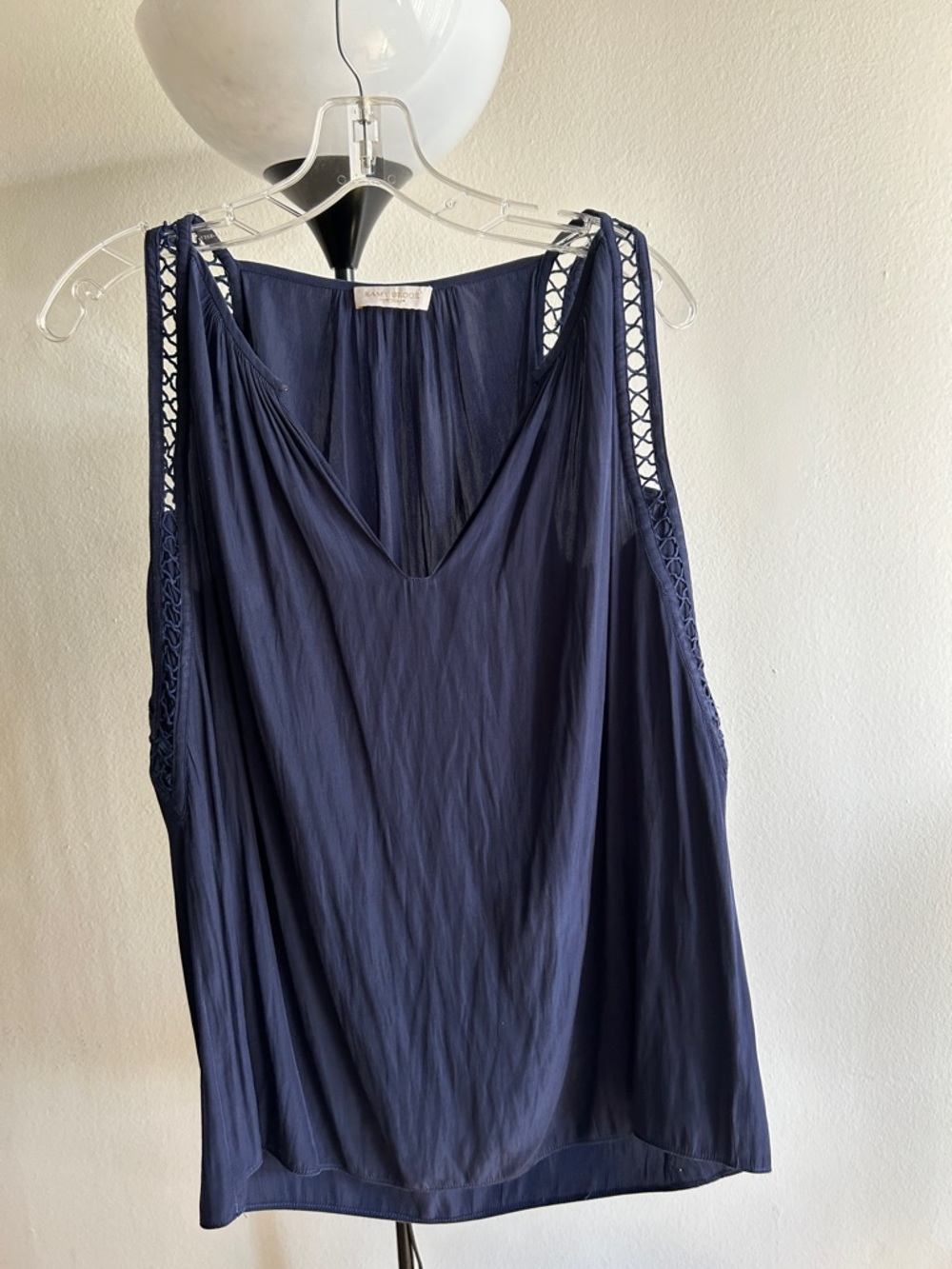 Ramy Brook Navy Sleeveless V-Neck Tank with Braided Strap Detail